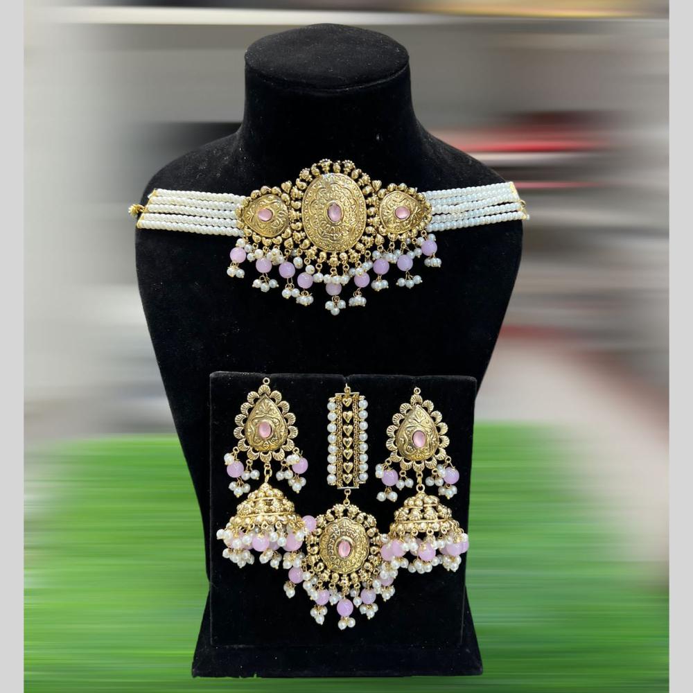 Hira Collections Gold Plated Pota Stone And Pearls Choker Necklace Set