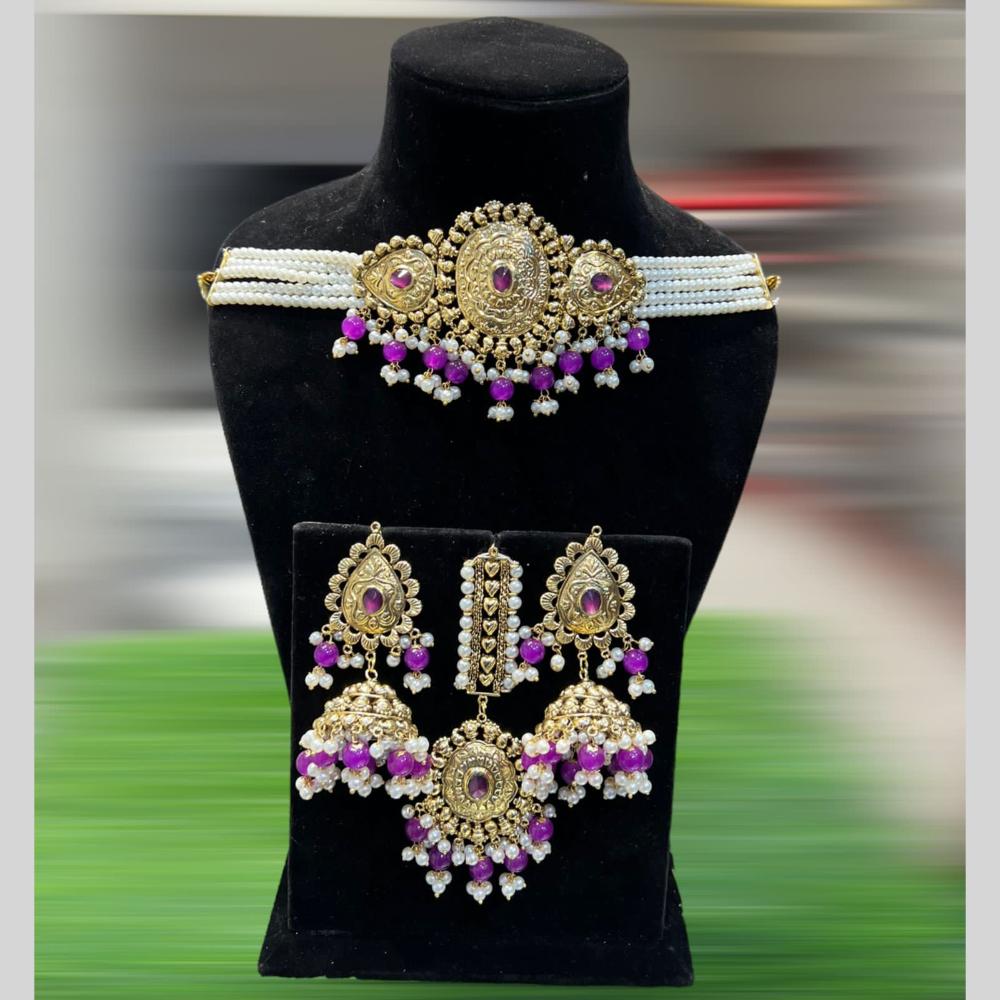 Hira Collections Gold Plated Pota Stone And Pearls Choker Necklace Set