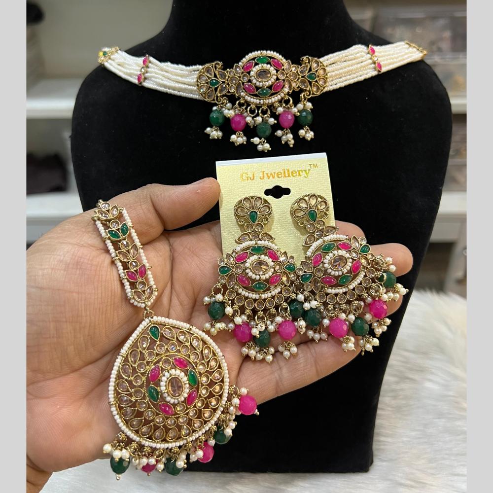 Hira Collections Gold Plated Crystal Stone And Pearls Beads Necklace Set