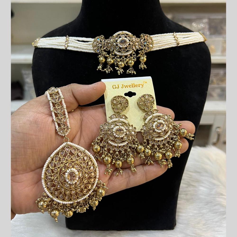 Hira Collections Gold Plated Crystal Stone And Pearls Beads Necklace Set