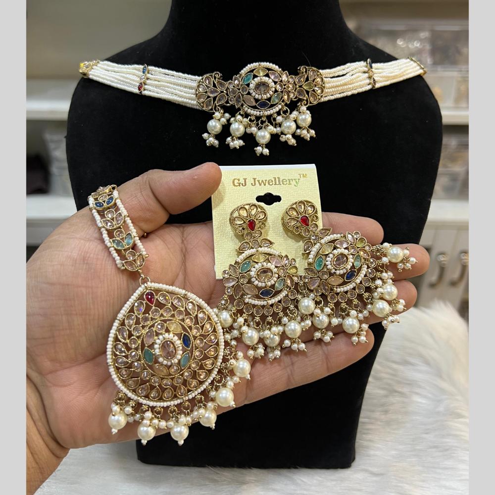 Hira Collections Gold Plated Crystal Stone And Pearls Beads Necklace Set