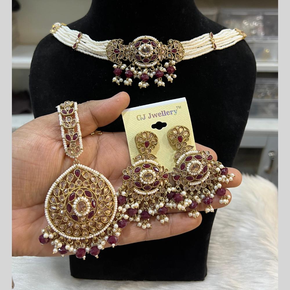 Hira Collections Gold Plated Crystal Stone And Pearls Beads Necklace Set