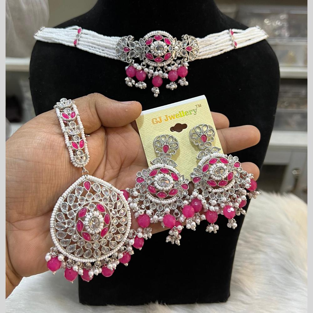 Hira Collections Silver Plated Crystal Stone And Pearls Beads Necklace Set