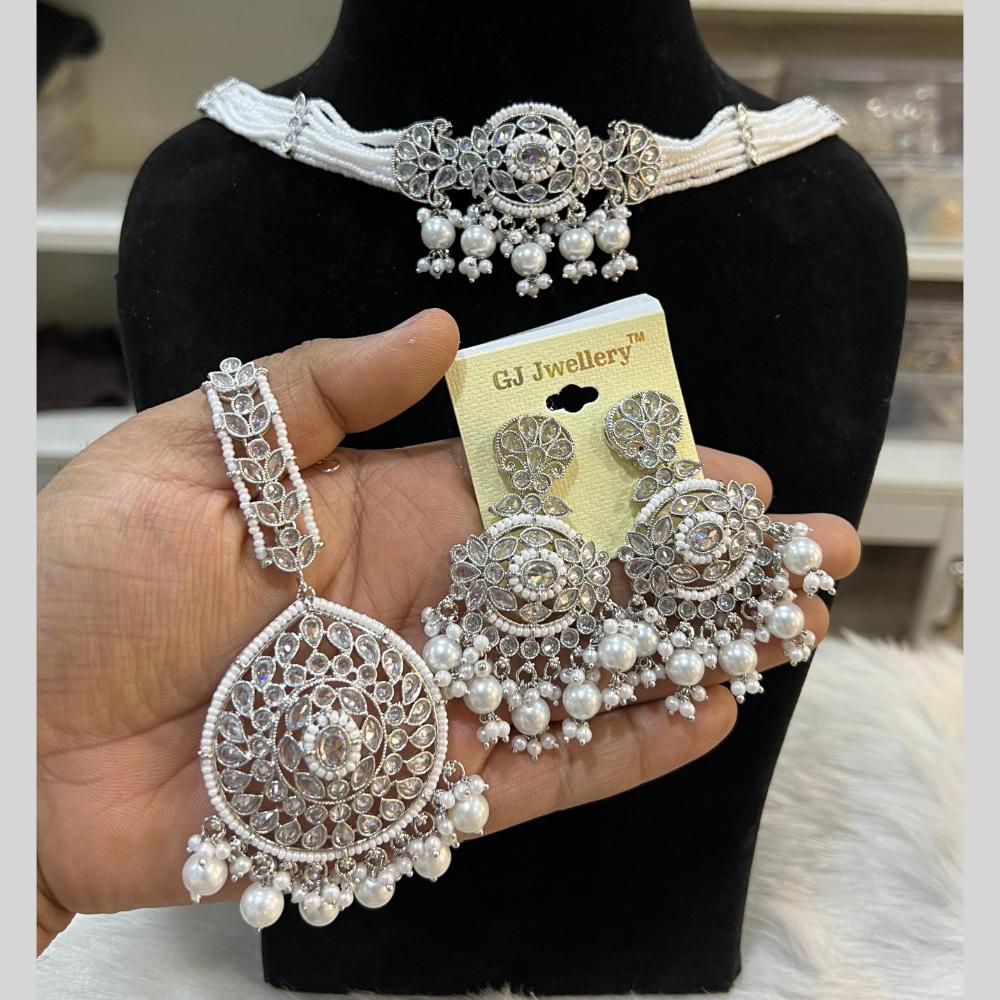 Hira Collections Silver Plated Crystal Stone And Pearls Beads Necklace Set