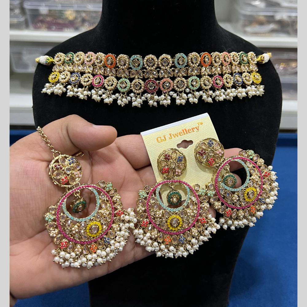 Hira Collections Gold Plated Crystal Stone And Pearls Beads Choker Necklace Set