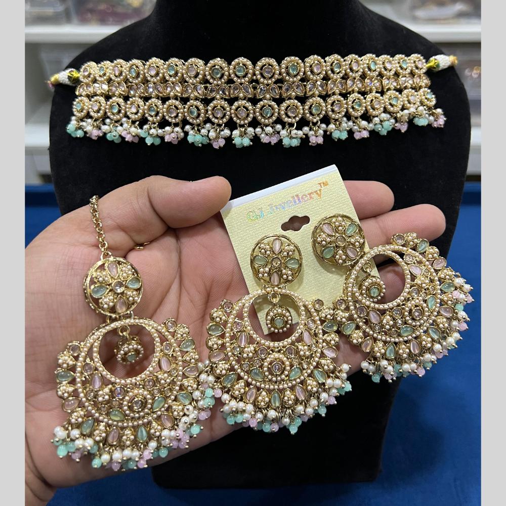 Hira Collections Gold Plated Crystal Stone And Pearls Beads Choker Necklace Set