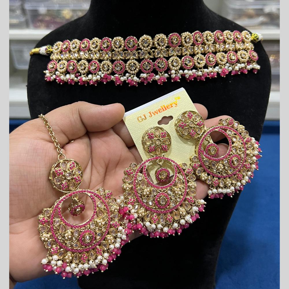 Hira Collections Gold Plated Crystal Stone And Pearls Beads Choker Necklace Set