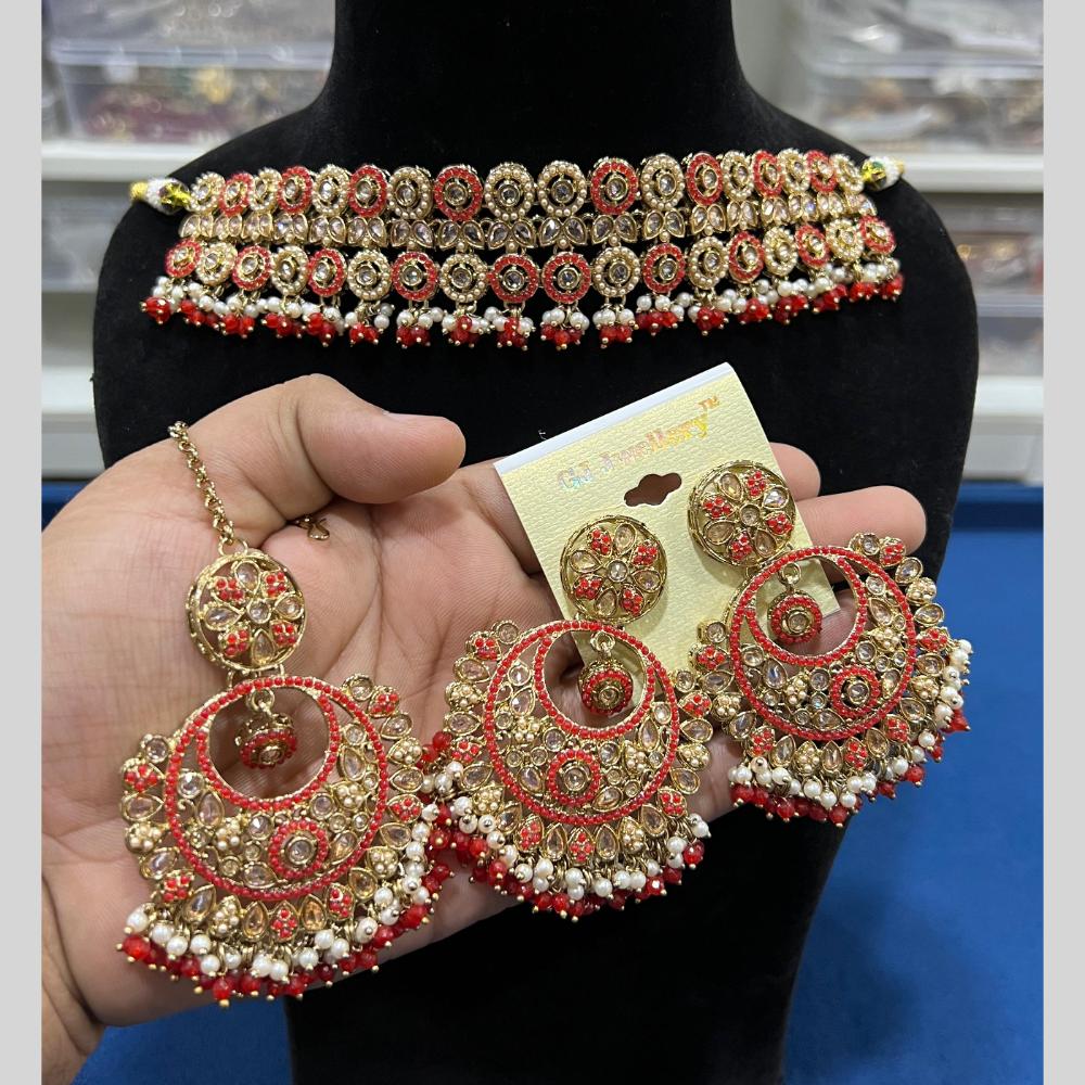 Hira Collections Gold Plated Crystal Stone And Pearls Beads Choker Necklace Set