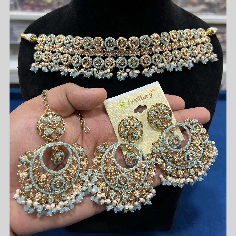 Hira Collections Gold Plated Crystal Stone And Pearls Beads Choker Necklace Set