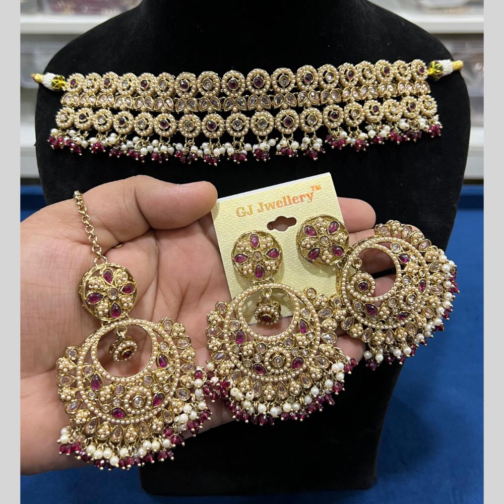 Hira Collections Gold Plated Crystal Stone And Pearls Beads Choker Necklace Set