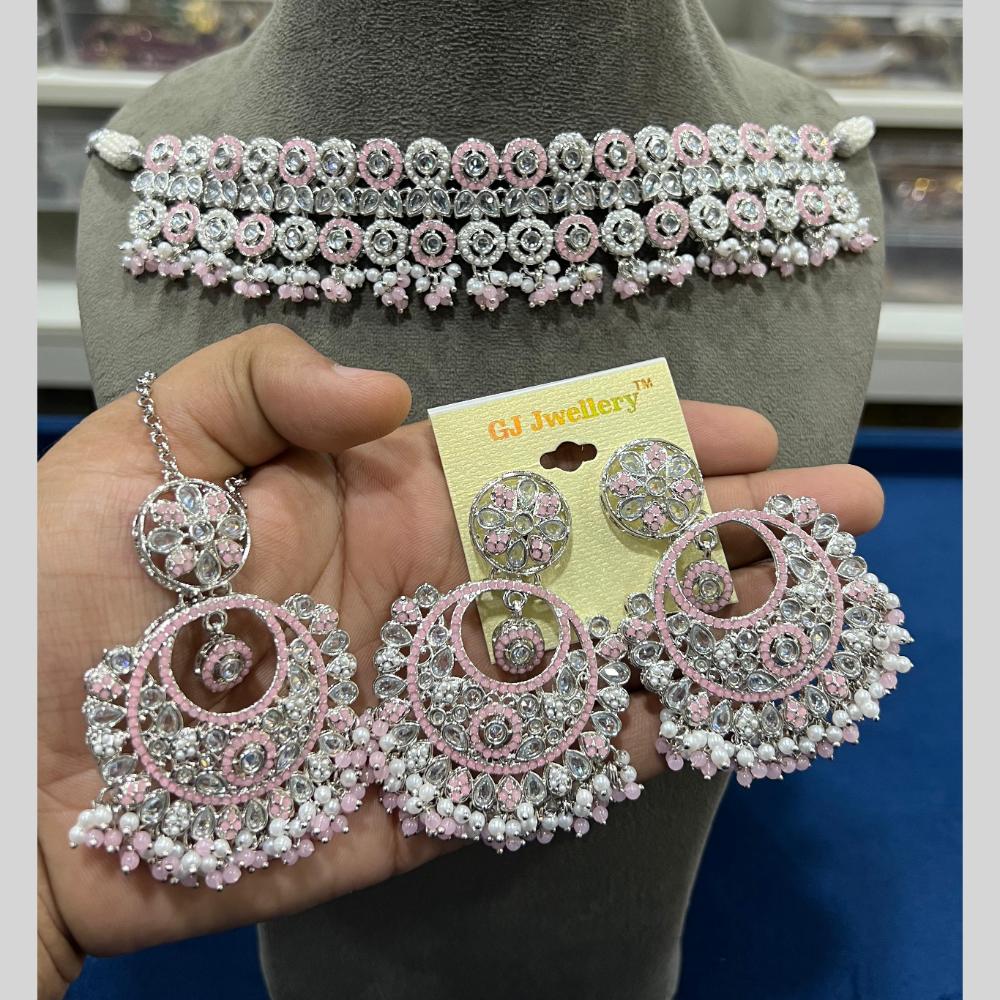 Hira Collections Silver Plated Crystal Stone And Pearls Beads Choker Necklace Set