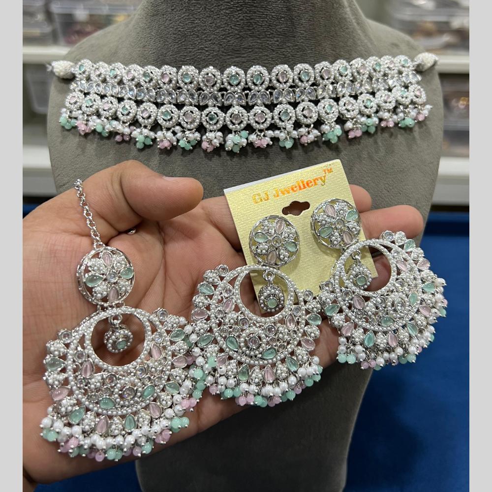 Hira Collections Silver Plated Crystal Stone And Pearls Beads Choker Necklace Set