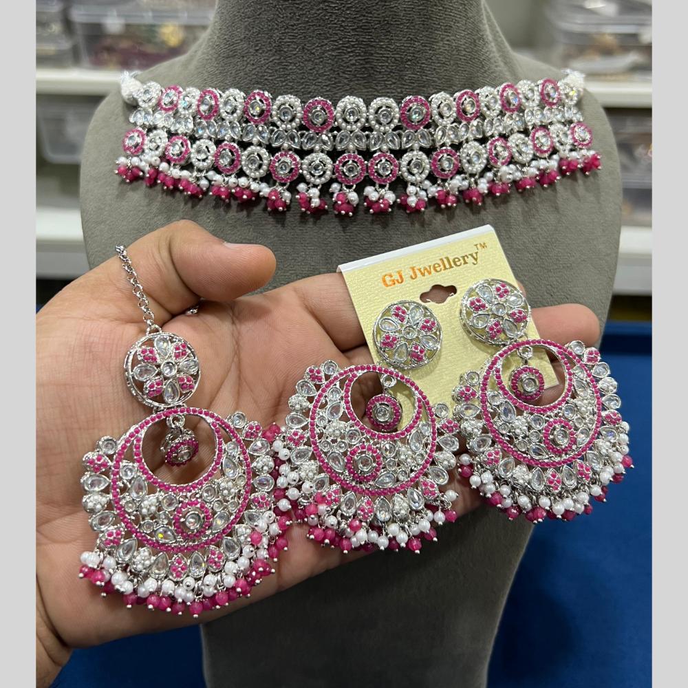 Hira Collections Silver Plated Crystal Stone And Pearls Beads Choker Necklace Set