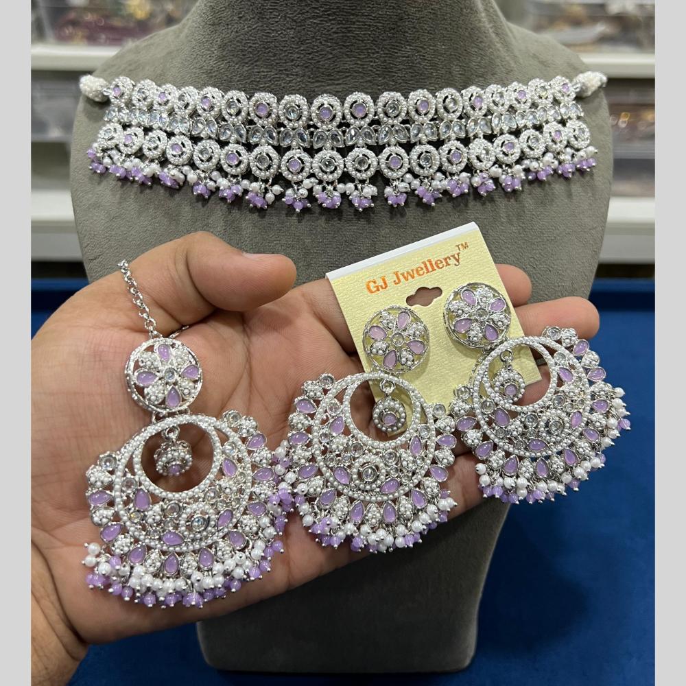 Hira Collections Silver Plated Crystal Stone And Pearls Beads Choker Necklace Set