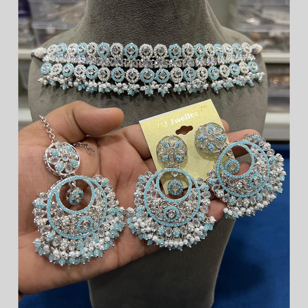 Hira Collections Silver Plated Crystal Stone And Pearls Beads Choker Necklace Set