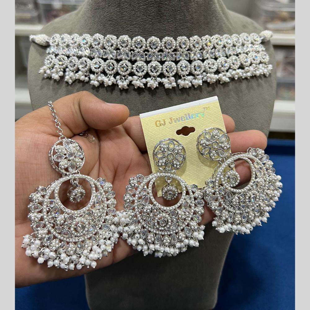 Hira Collections Silver Plated Crystal Stone And Pearls Beads Choker Necklace Set