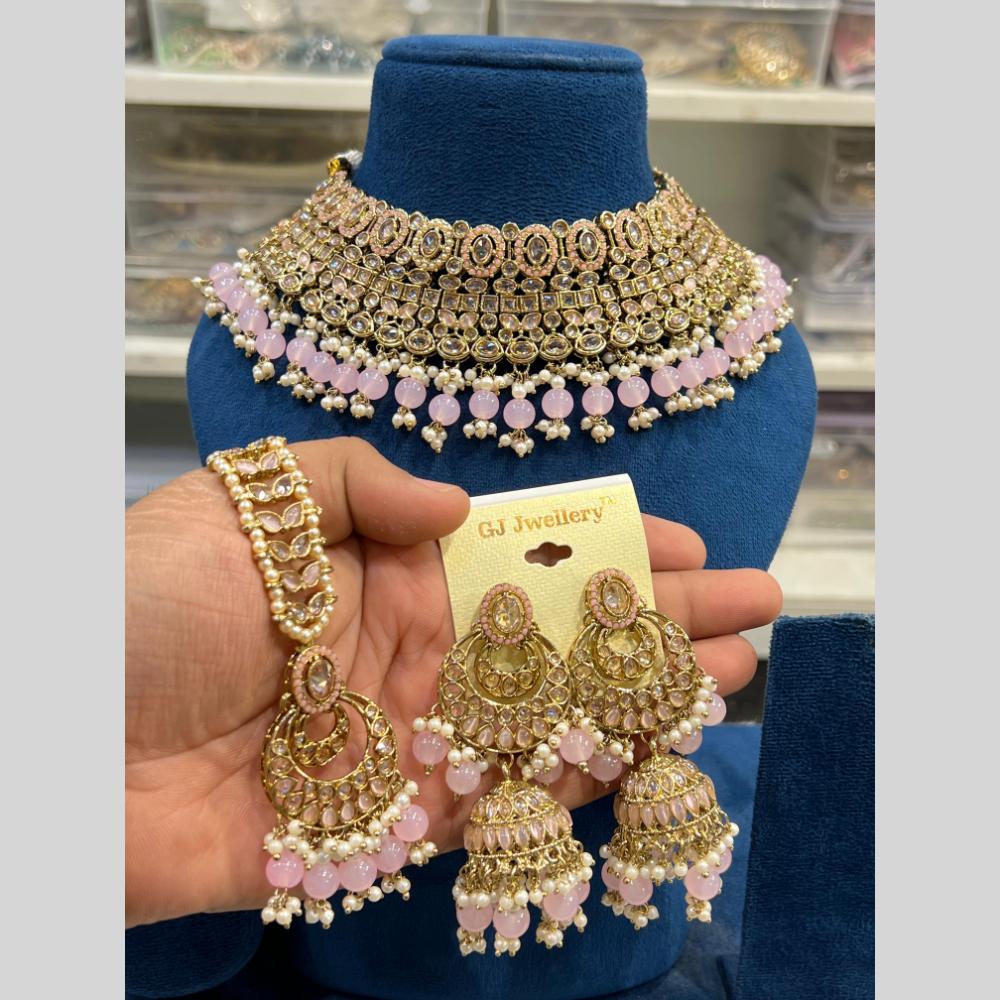 Hira Collections Gold Plated Crystal Stone And Pearls Beads Choker Necklace Set