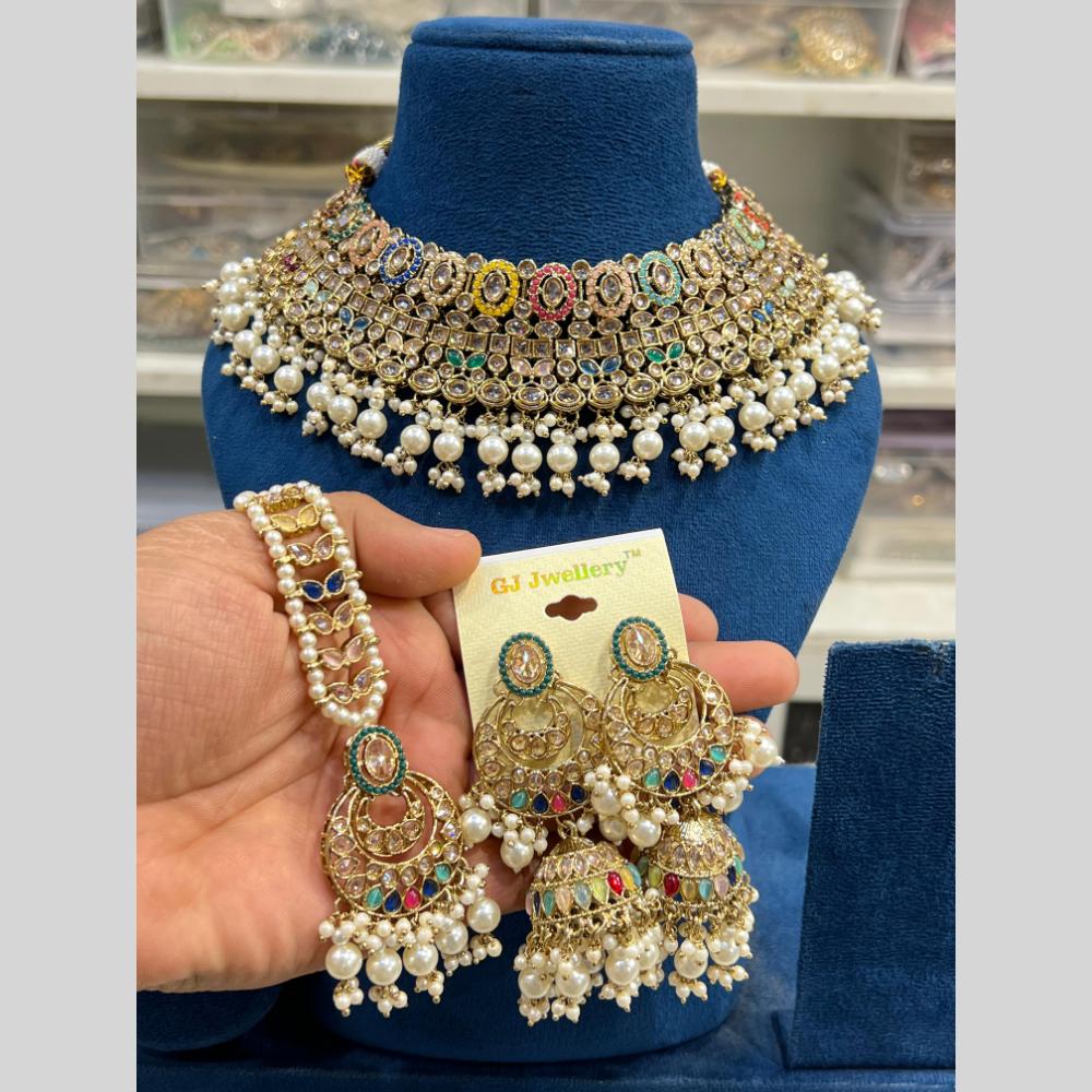 Hira Collections Gold Plated Crystal Stone And Pearls Beads Choker Necklace Set