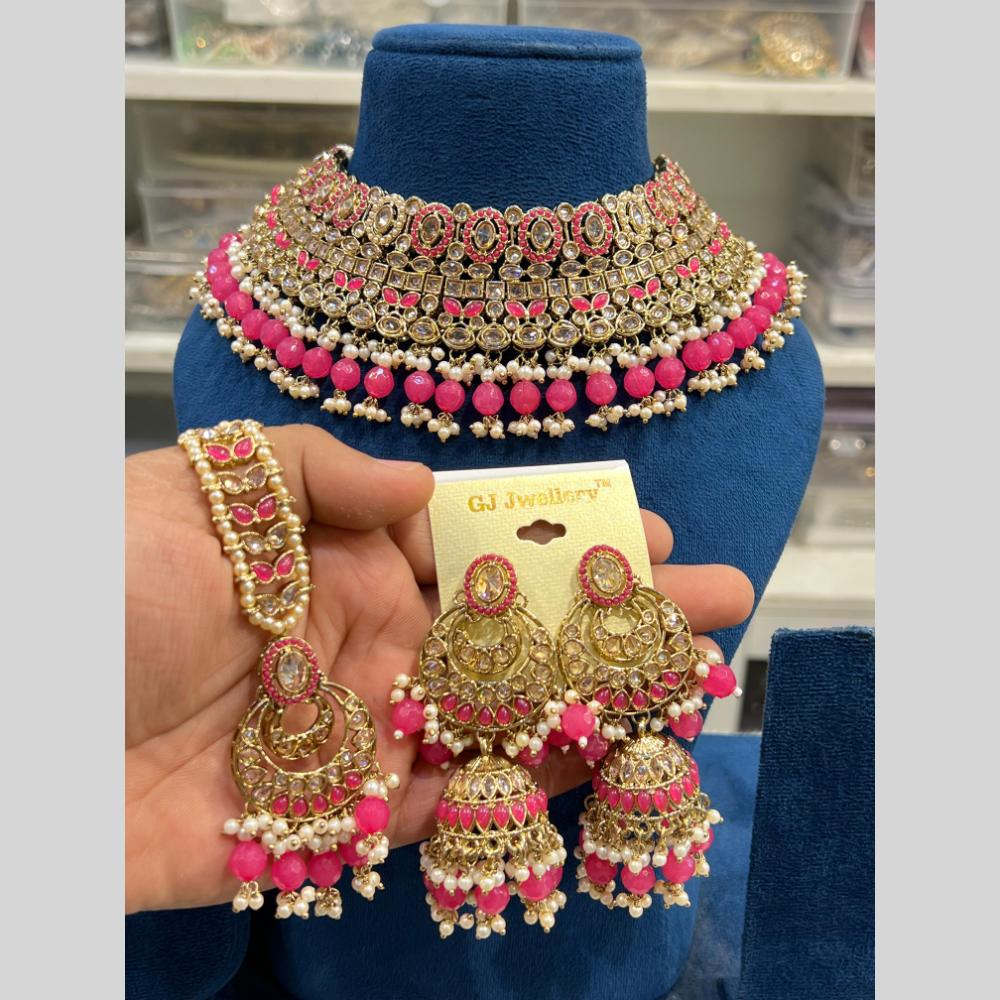 Hira Collections Gold Plated Crystal Stone And Pearls Beads Choker Necklace Set