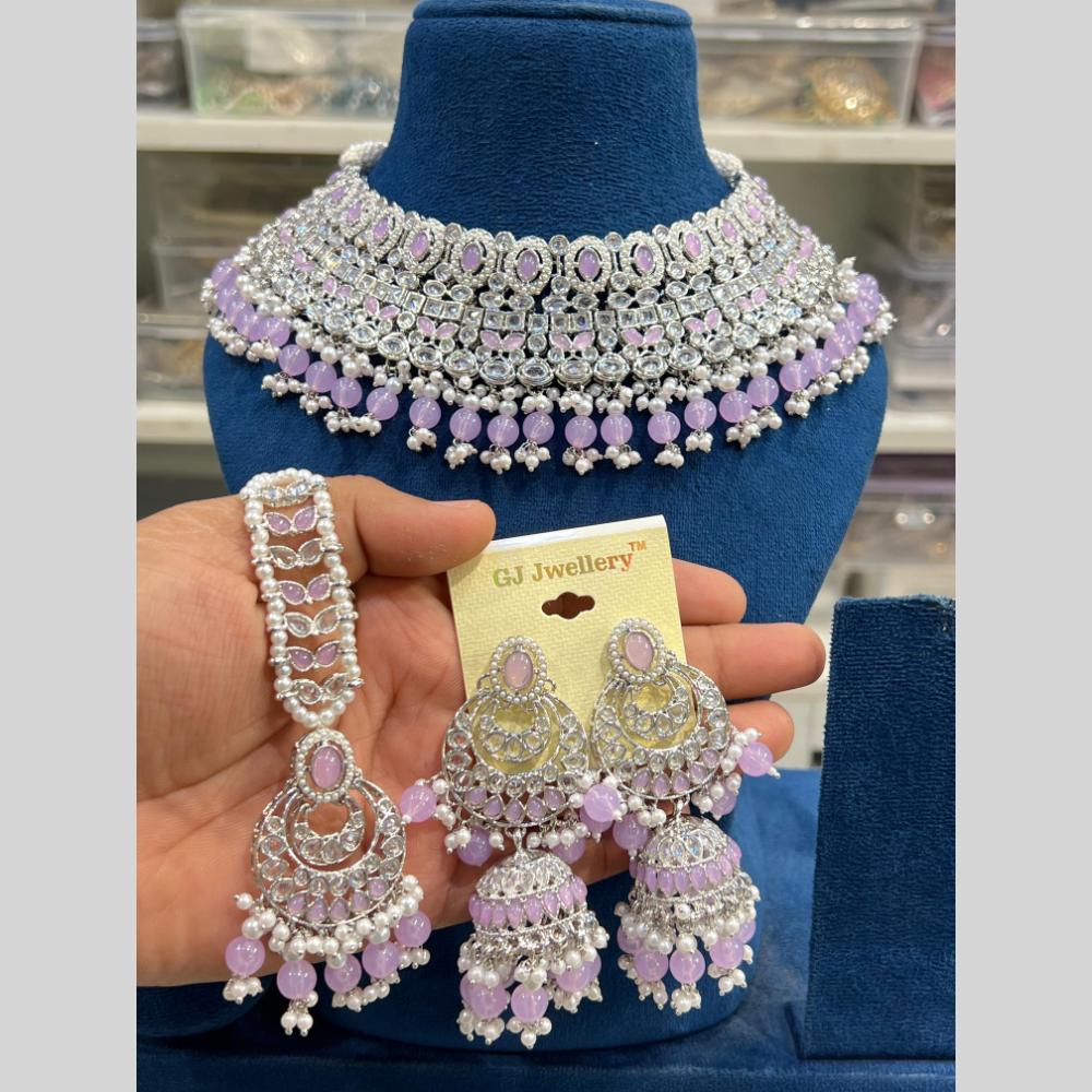 Hira Collections Silver Plated Crystal Stone And Pearls Beads Choker Necklace Set