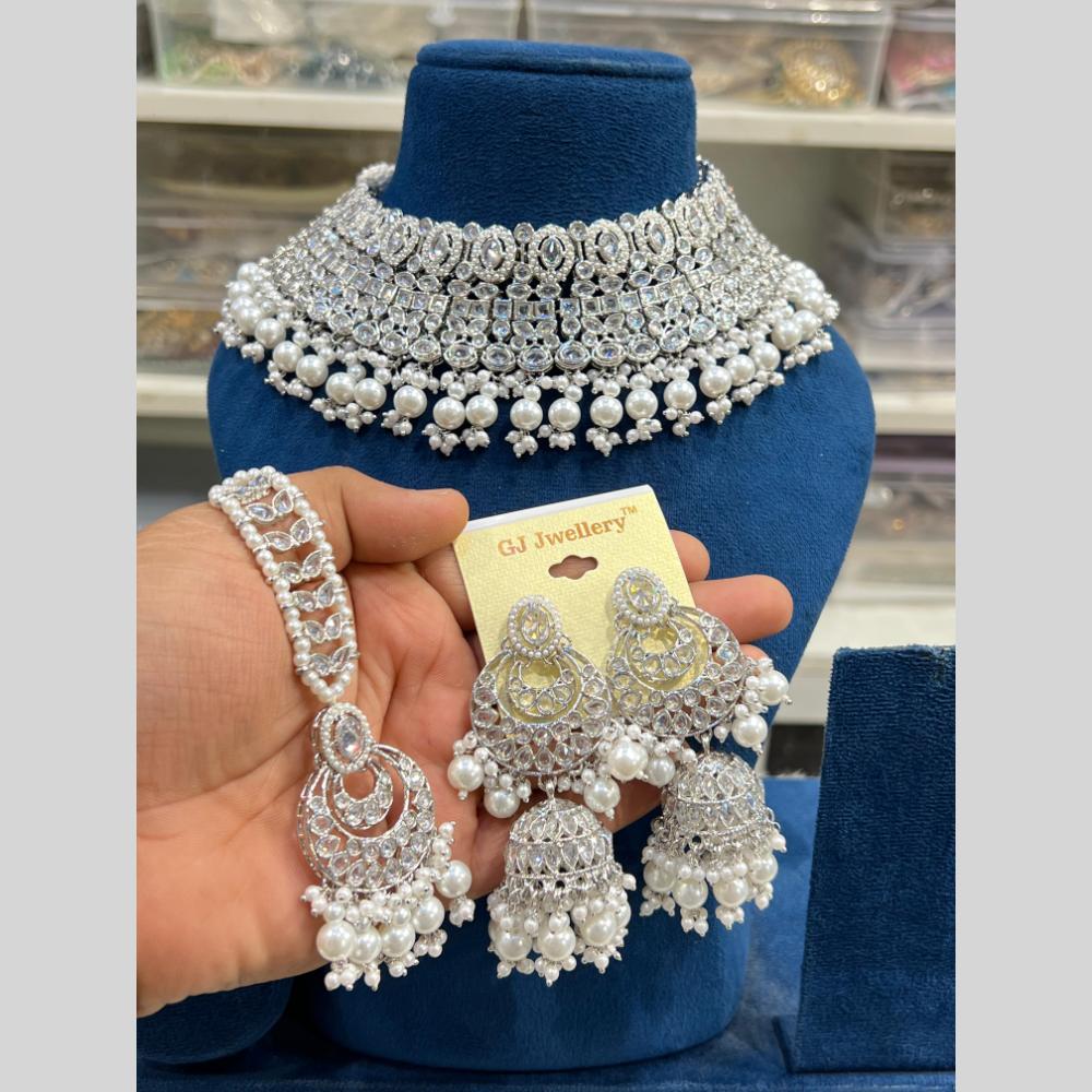 Hira Collections Silver Plated Crystal Stone And Pearls Beads Choker Necklace Set