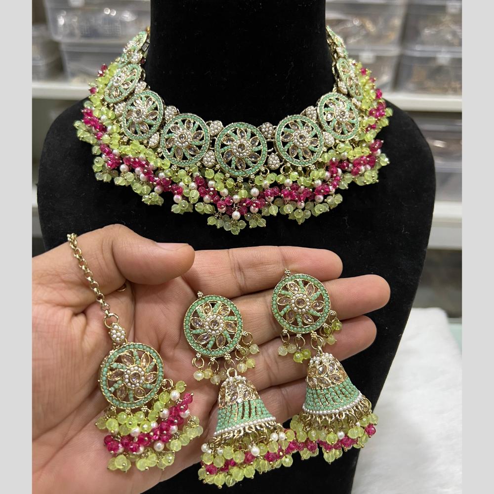 Hira Collections Gold Plated Crystal Stone And Pearls Beads Necklace Set