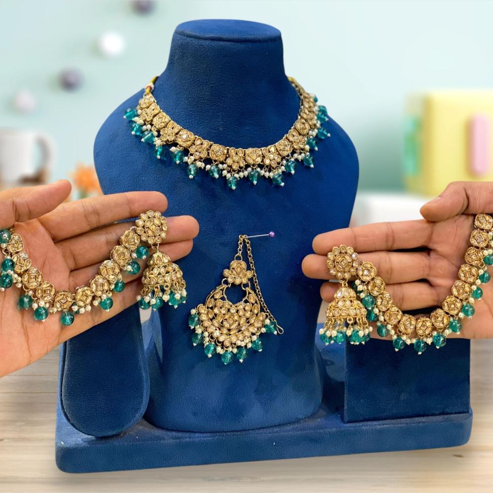 Hira Collections Gold Plated Crystal Stone And Pearls Beads Necklace Set