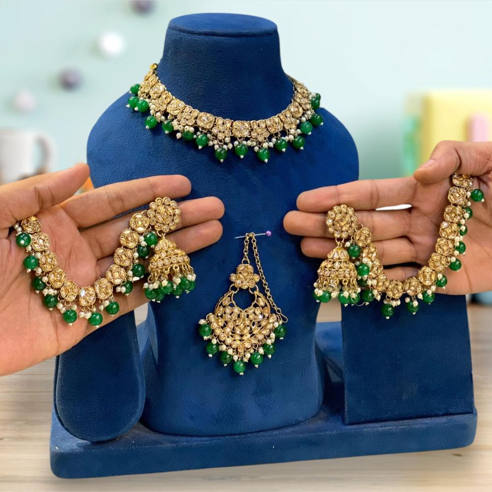 Hira Collections Gold Plated Crystal Stone And Pearls Beads Necklace Set