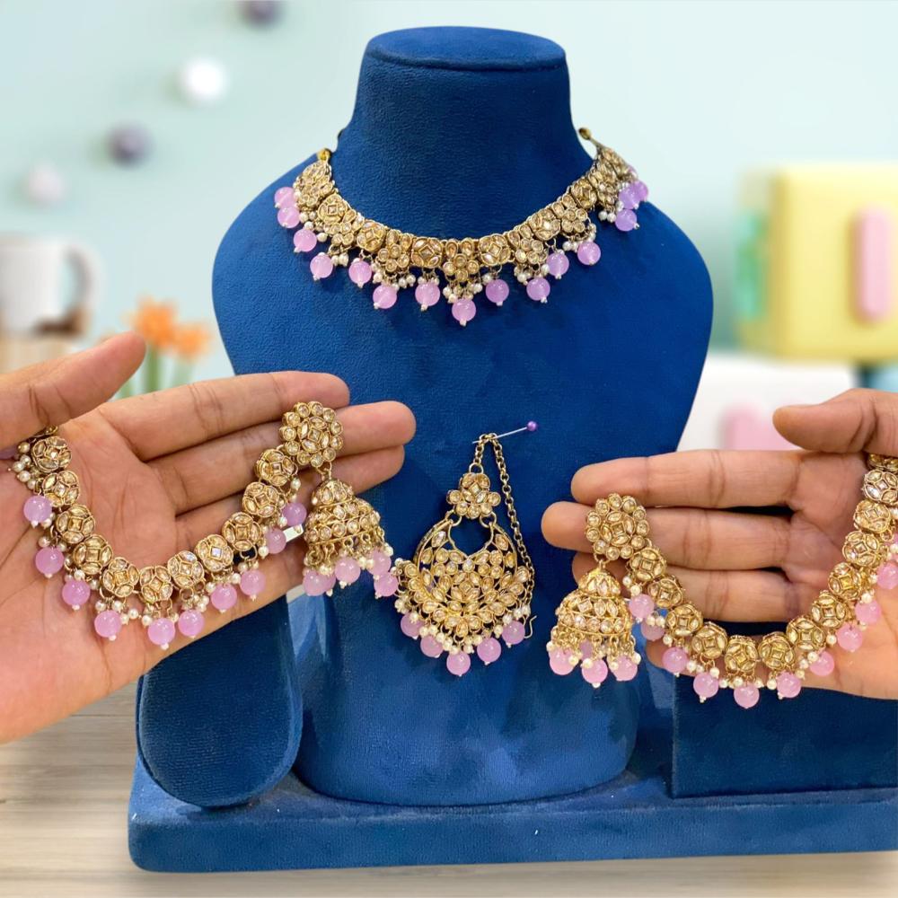 Hira Collections Gold Plated Crystal Stone And Pearls Beads Necklace Set