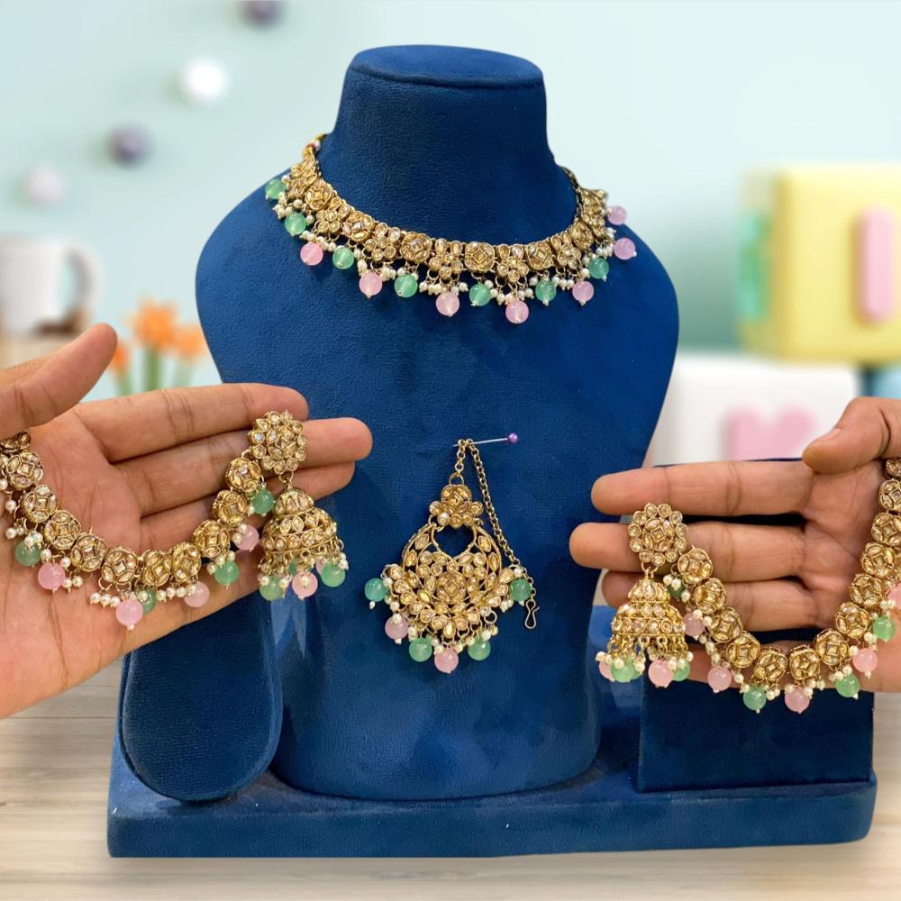 Hira Collections Gold Plated Crystal Stone And Pearls Beads Necklace Set