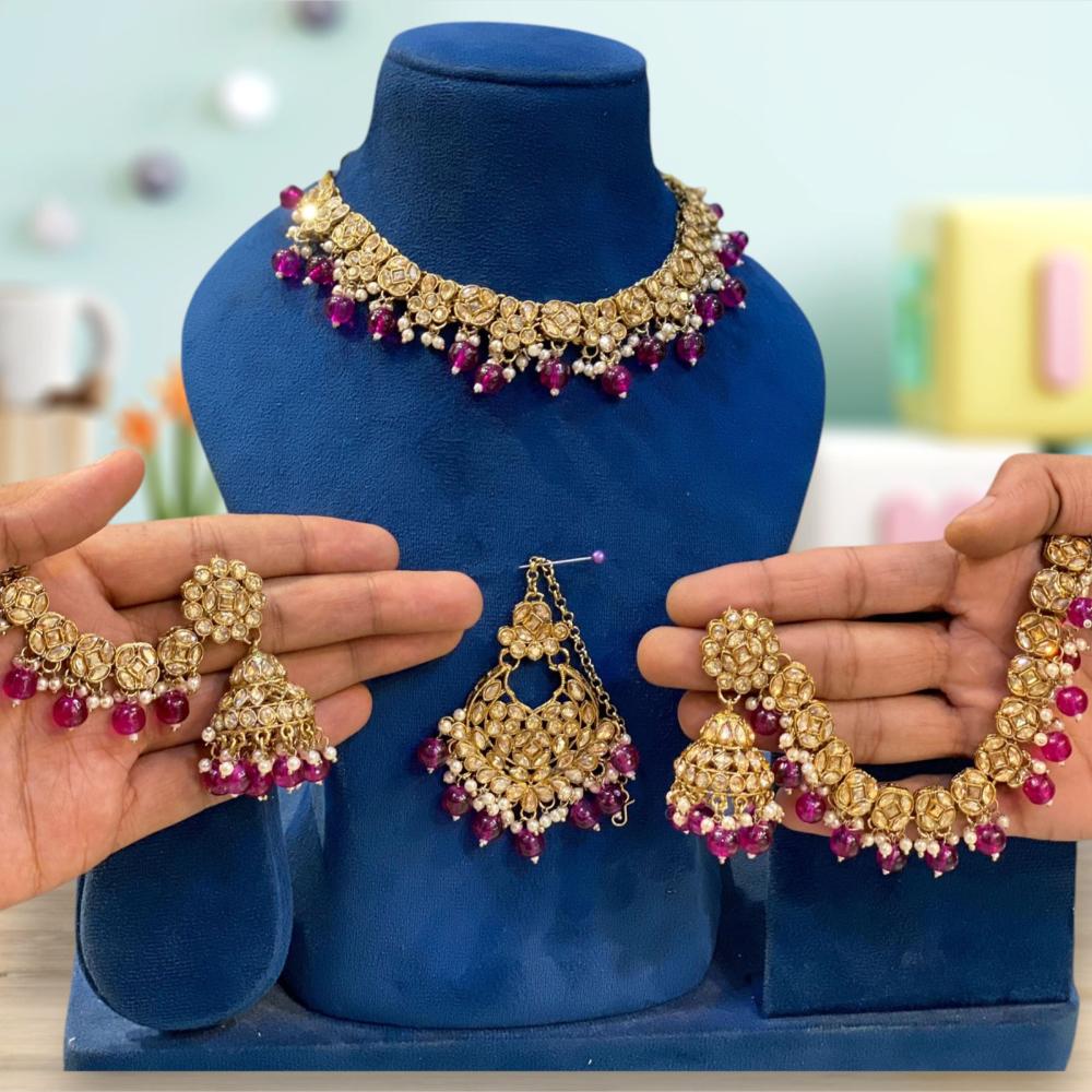 Hira Collections Gold Plated Crystal Stone And Pearls Beads Necklace Set