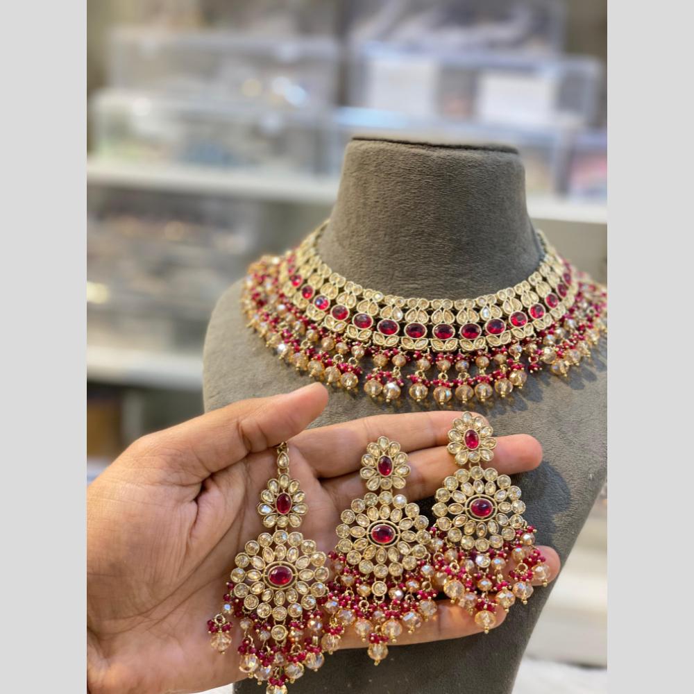 Hira Collections Gold Plated Crystal Stone And Pearls Beads Necklace Set