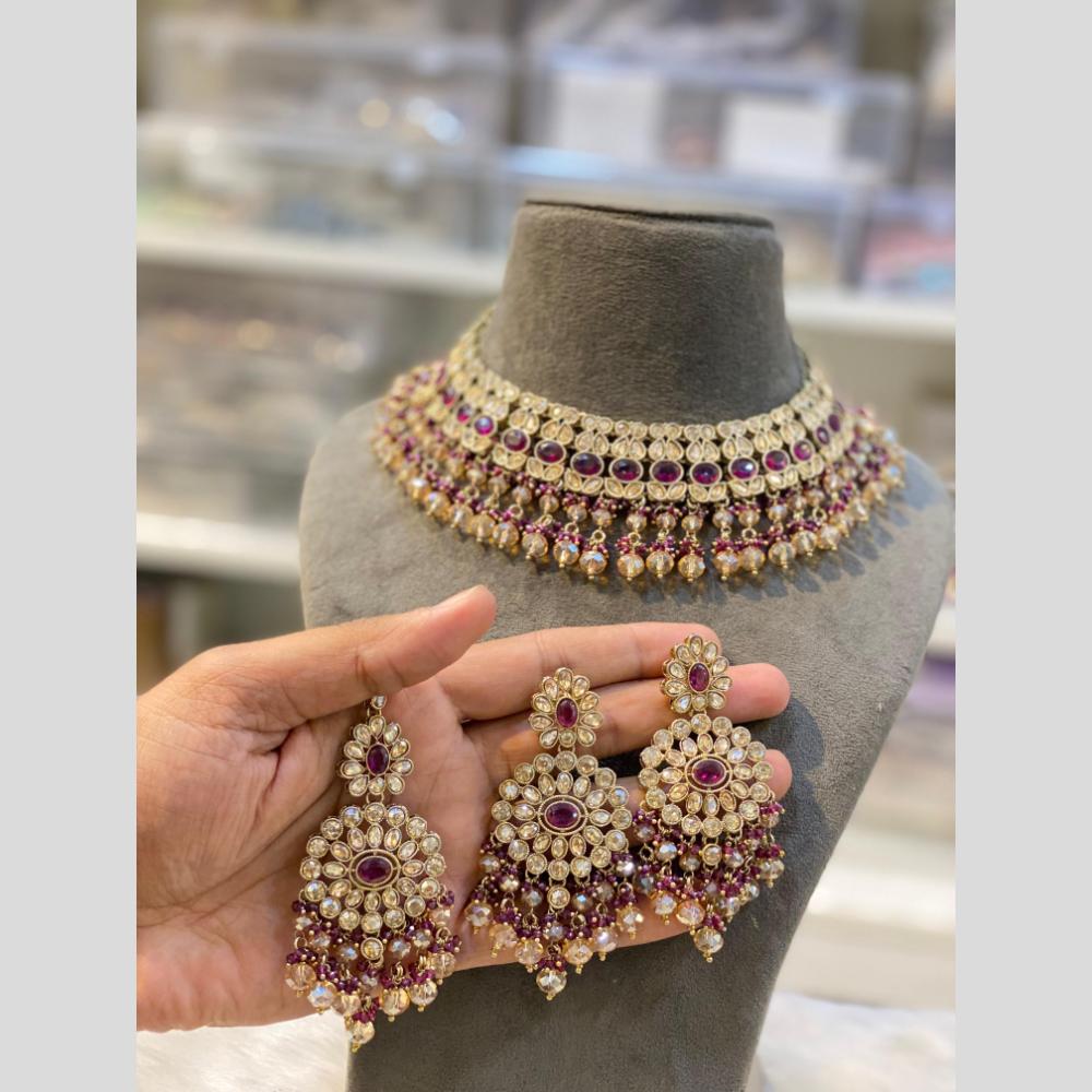 Hira Collections Gold Plated Crystal Stone And Pearls Beads Necklace Set