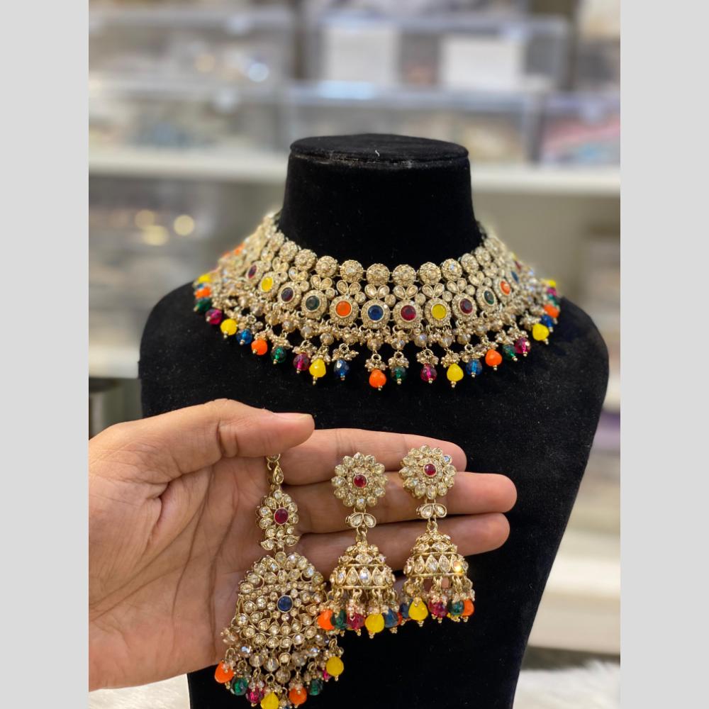 Hira Collections Gold Plated Crystal Stone And Pearls Beads Necklace Set