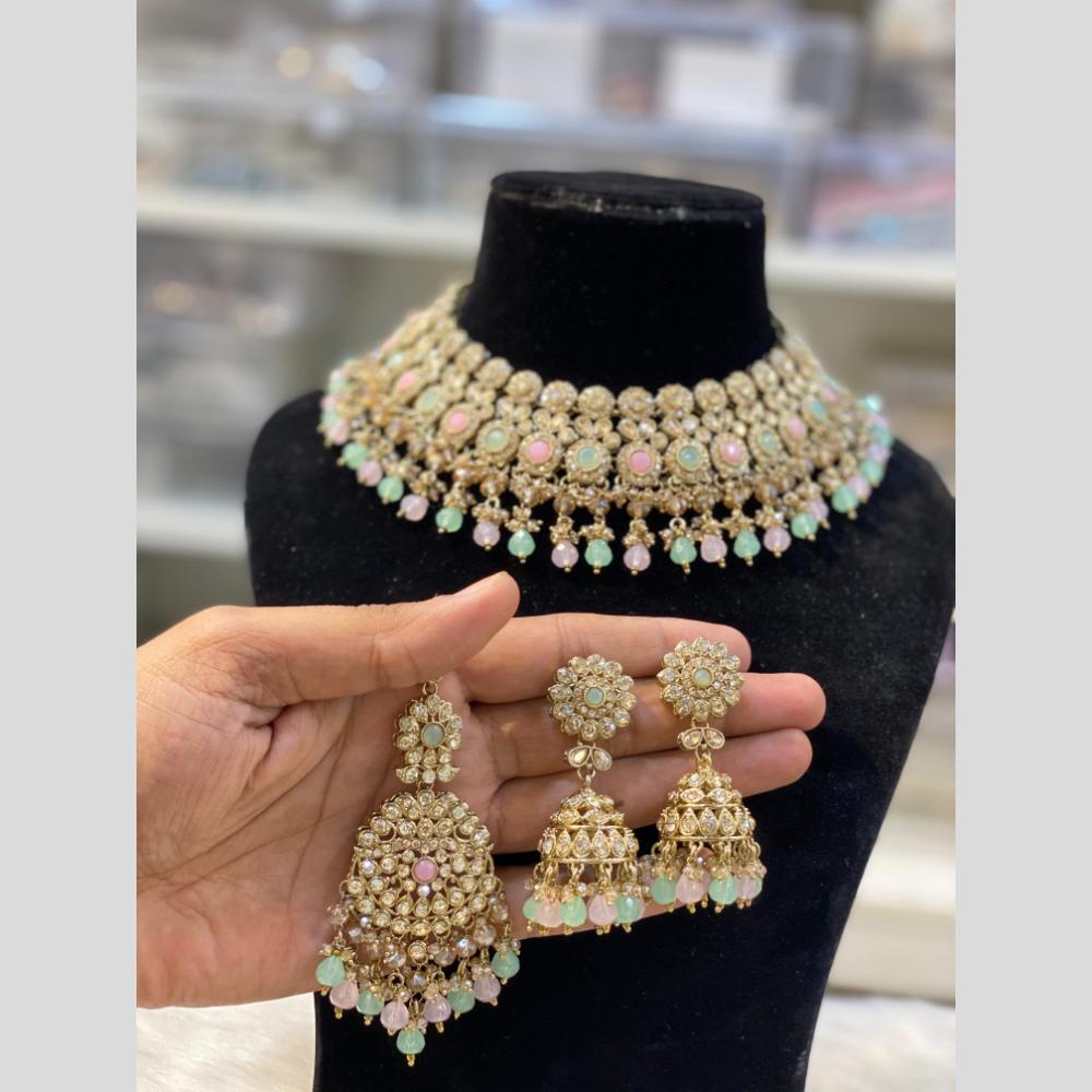 Hira Collections Gold Plated Crystal Stone And Pearls Beads Necklace Set