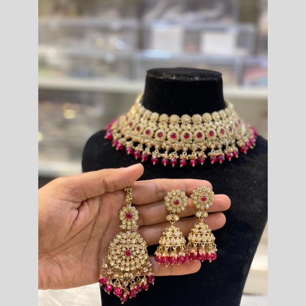 Hira Collections Gold Plated Crystal Stone And Pearls Beads Necklace Set