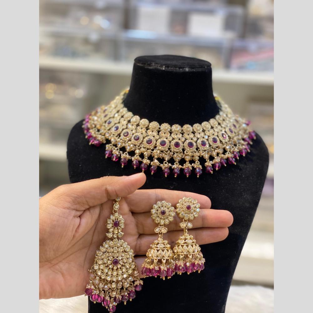 Hira Collections Gold Plated Crystal Stone And Pearls Beads Necklace Set