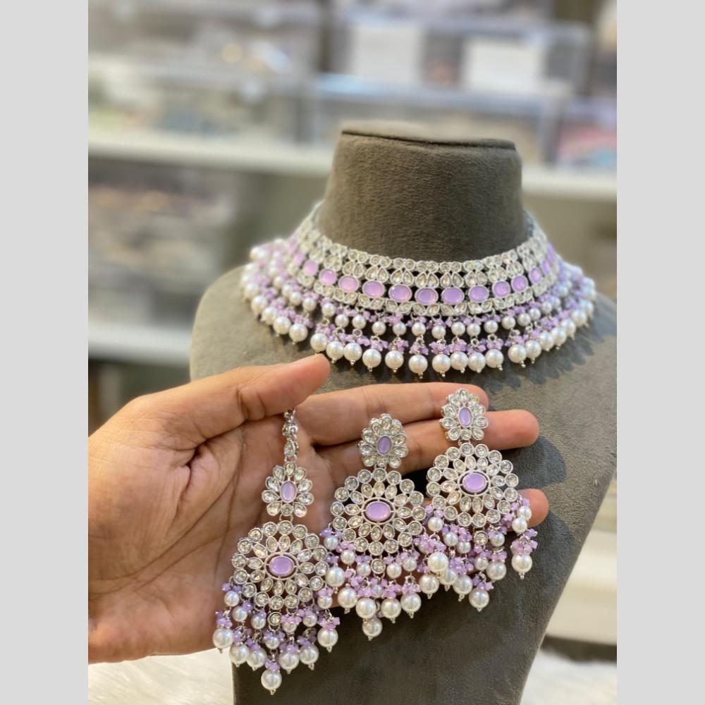 Hira Collections Silver Plated Crystal Stone And Pearls Choker Necklace Set