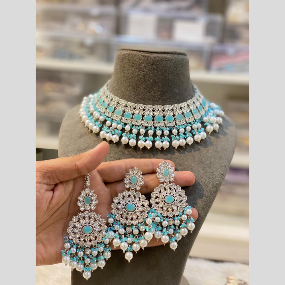 Hira Collections Silver Plated Crystal Stone And Pearls Choker Necklace Set