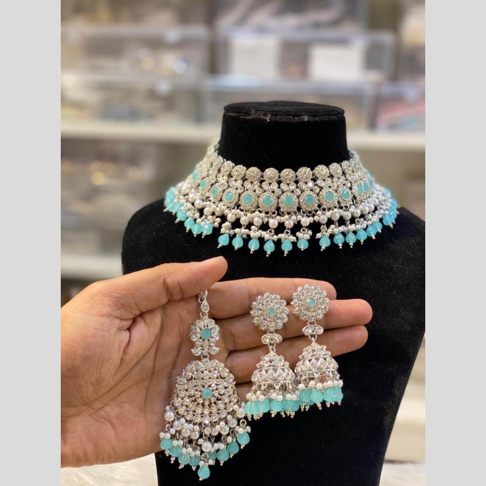 Hira Collections Silver Plated Crystal Stone And Pearls Choker Necklace Set