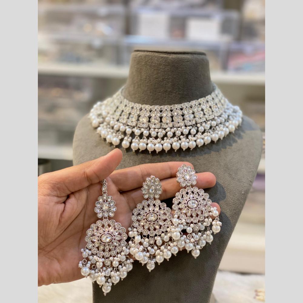 Hira Collections Silver Plated Crystal Stone And Pearls Choker Necklace Set