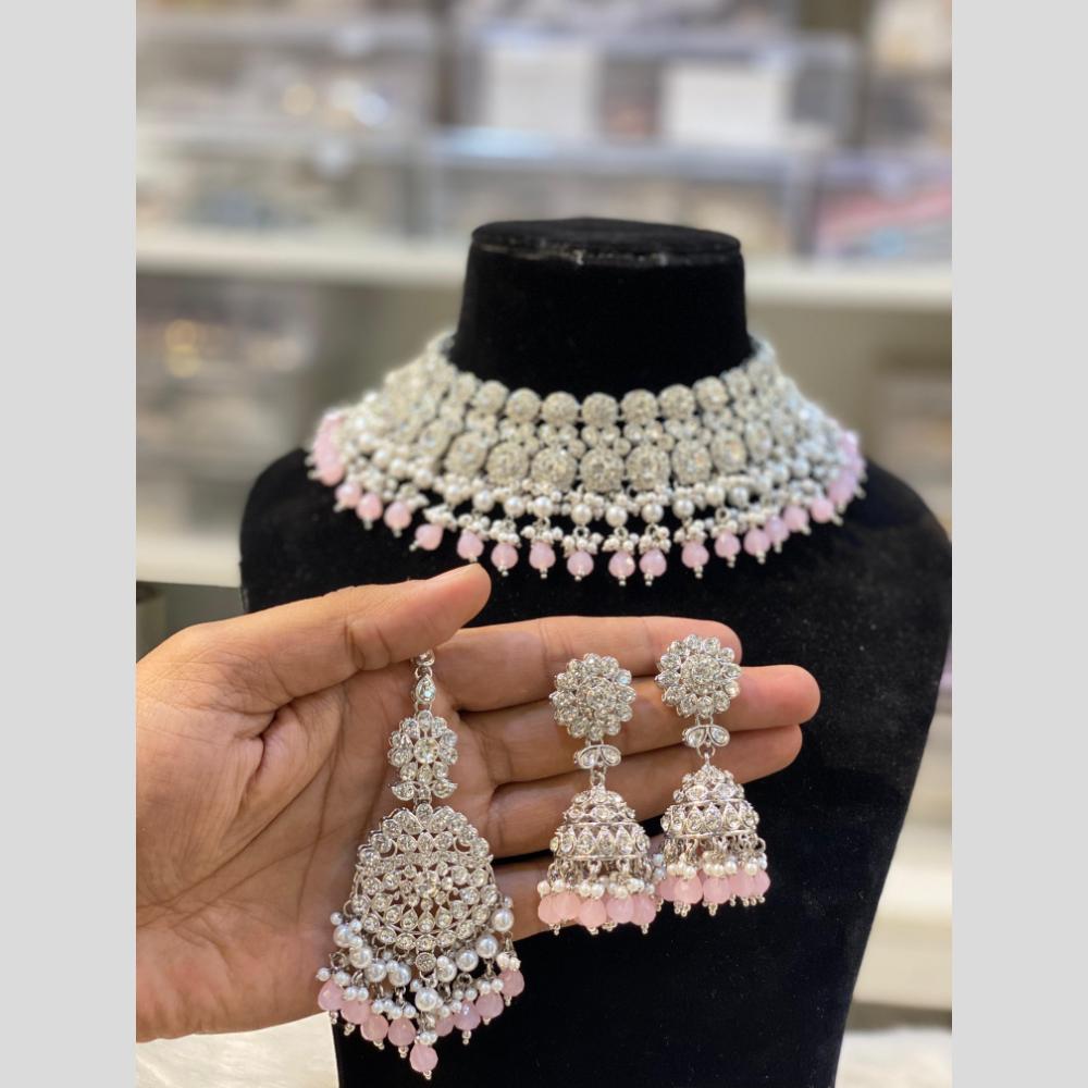 Hira Collections Silver Plated Crystal Stone And Pearls Choker Necklace Set