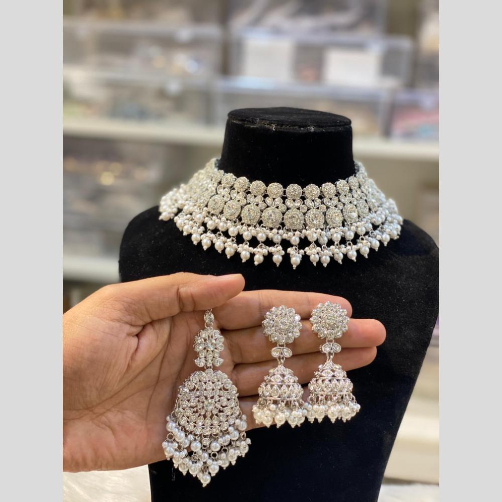 Hira Collections Silver Plated Crystal Stone And Pearls Choker Necklace Set