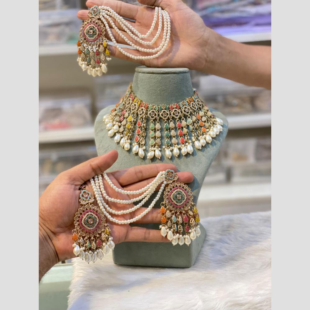 Hira Collections Elegance Pearl & Crystal Stone for Modern Glam Choker Necklace Set