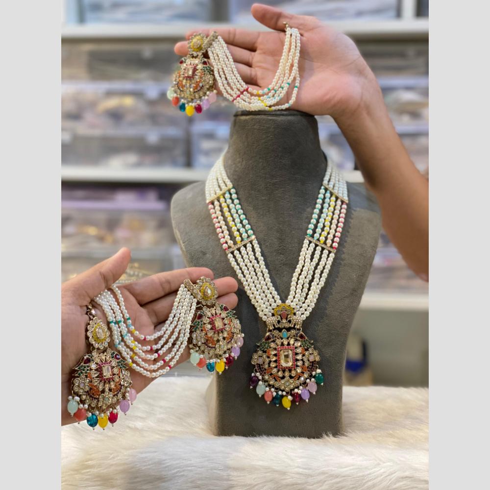 Hira Collections Graceful Bloom Crystal Stone And Pearl Rani Har Long Neckalce Set
