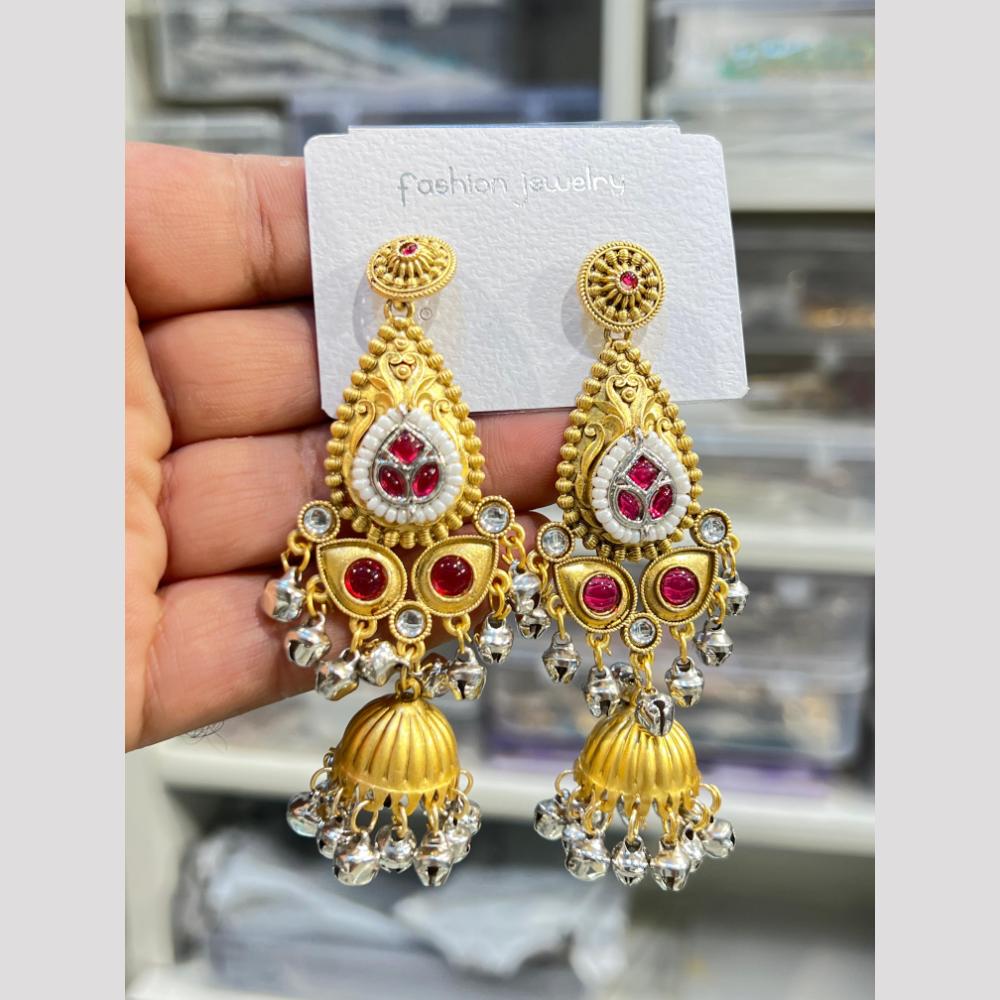 Hira Collections Elegant Dual Finish Pota Stone And Ghungroo Jhumki Earrings