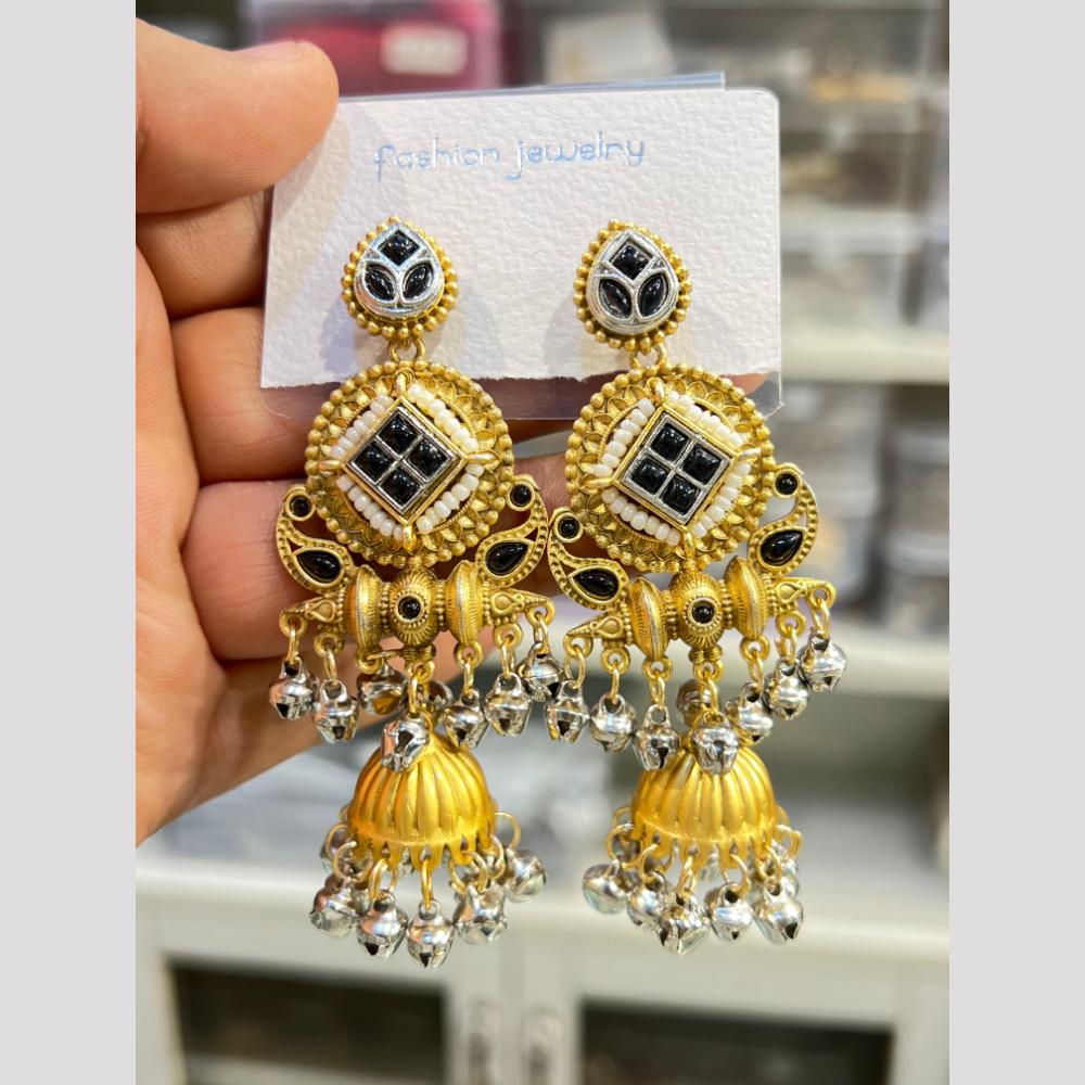 Hira Collections Elegant Dual Finish Pota Stone And Ghungroo Jhumki Earrings