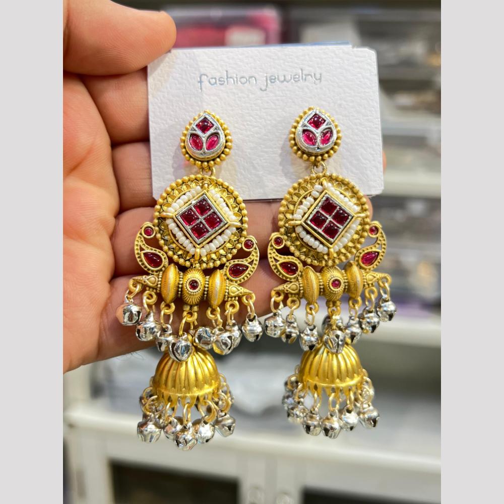 Hira Collections Elegant Dual Finish Pota Stone And Ghungroo Jhumki Earrings