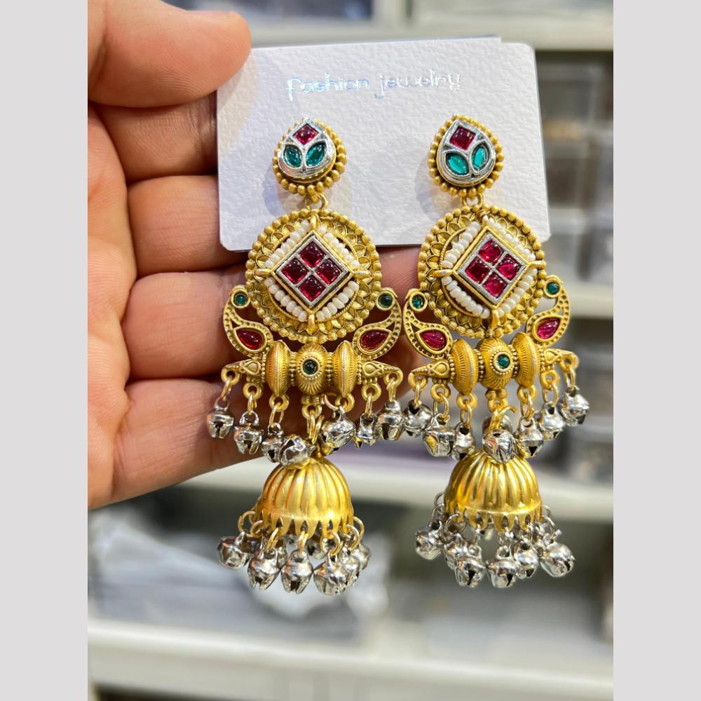 Hira Collections Elegant Dual Finish Pota Stone And Ghungroo Jhumki Earrings
