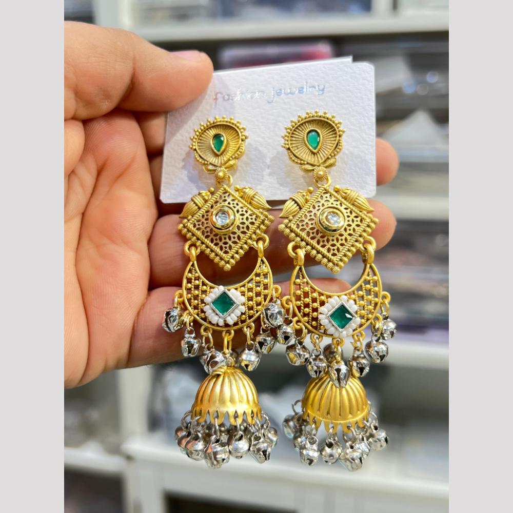 Hira Collections Elegant Dual Finish Pota Stone And Ghungroo Jhumki Earrings